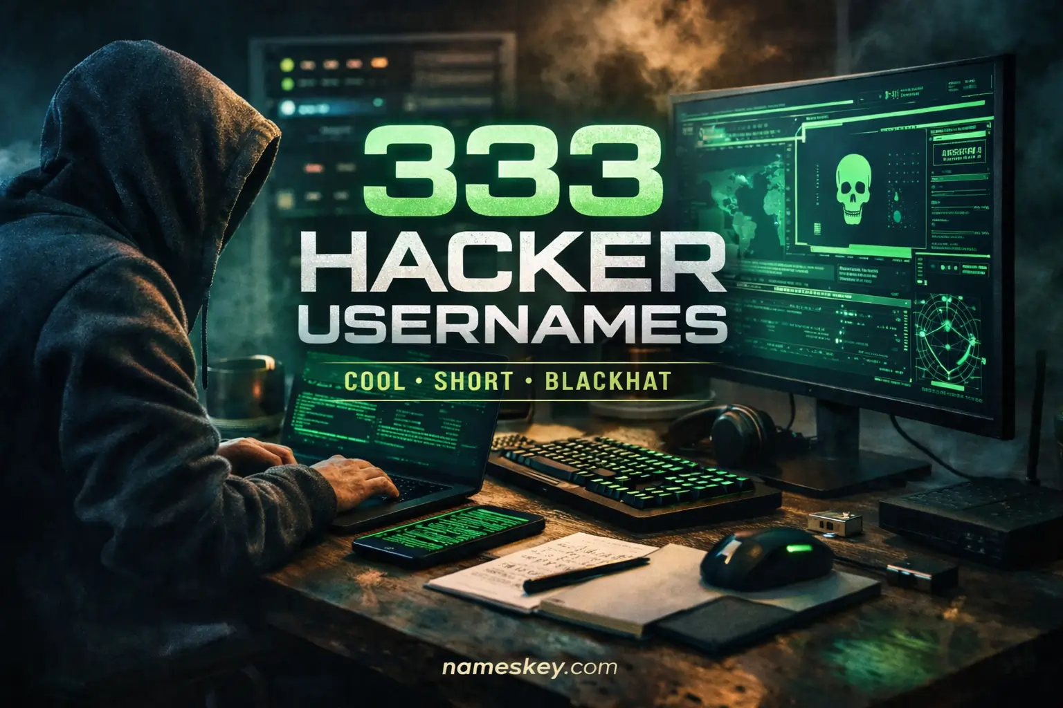 Hacker-themed digital workspace with usernames