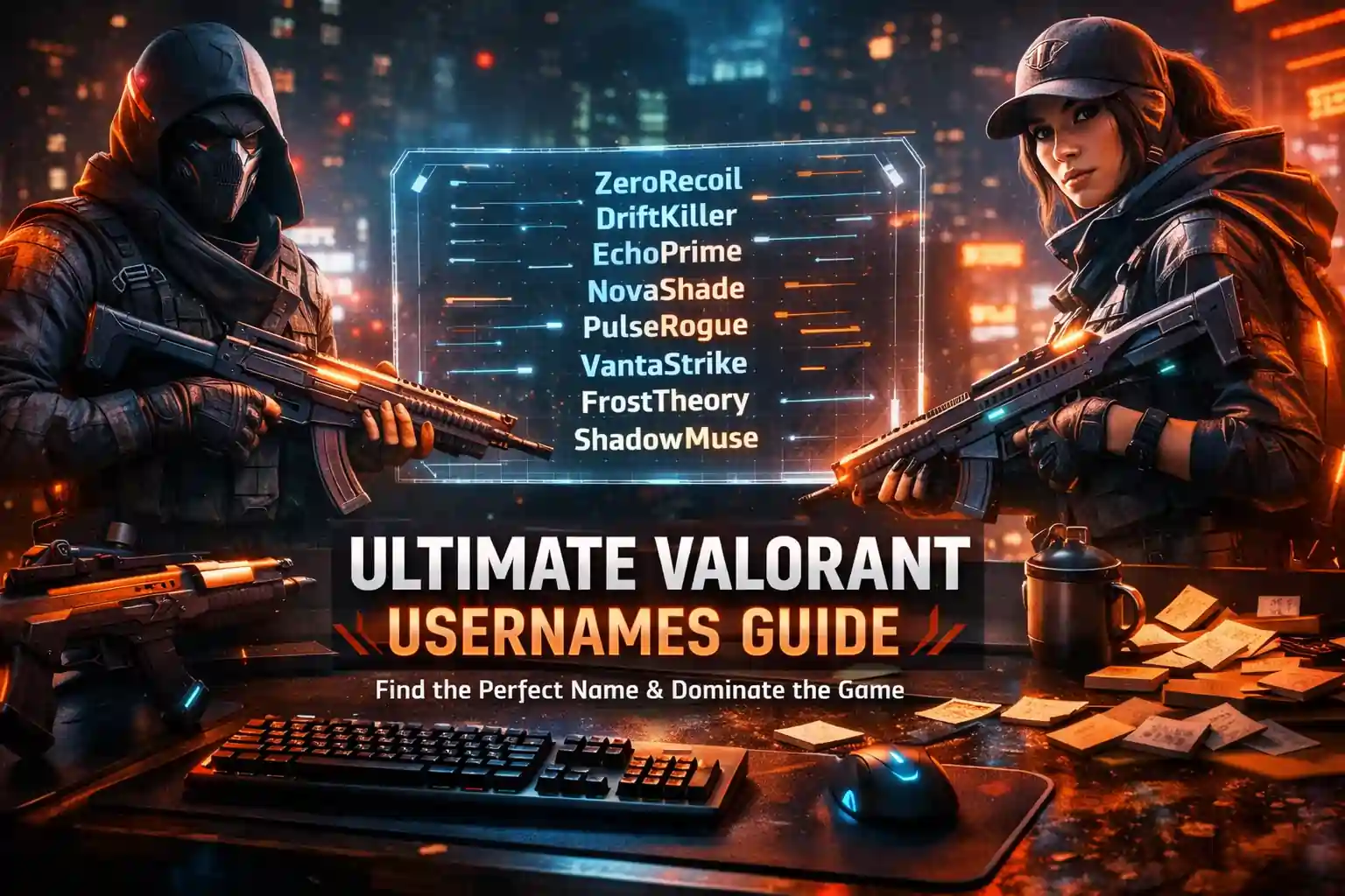 Gaming guide with valorant usernames and weapons.