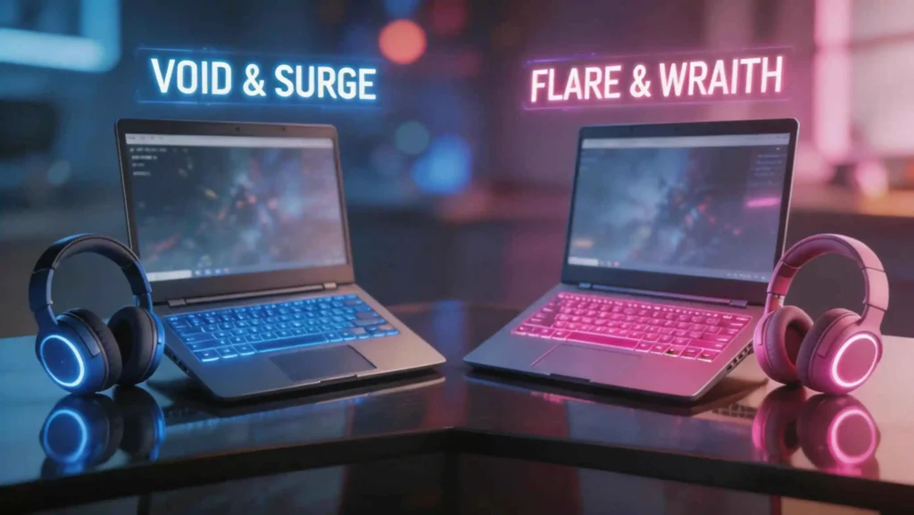 Two laptops with colorful headphones