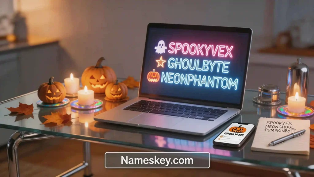 Halloween-themed workspace with decorations