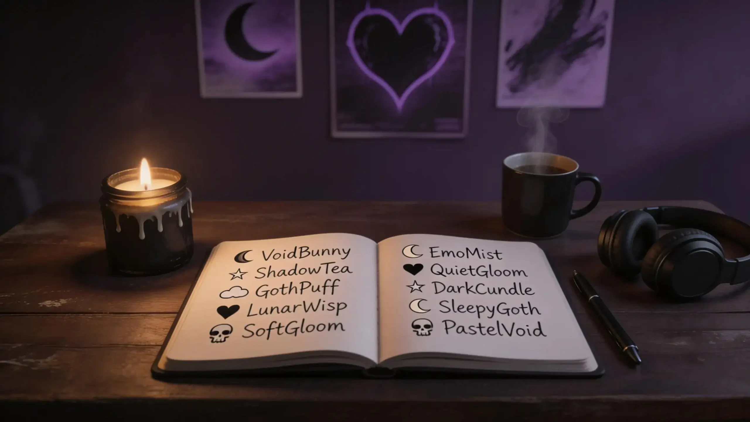 Notebook with emo usernames and candle