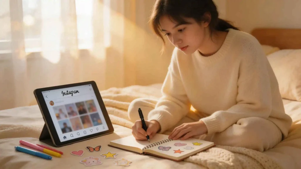 Girl journaling with tablet and stickers.