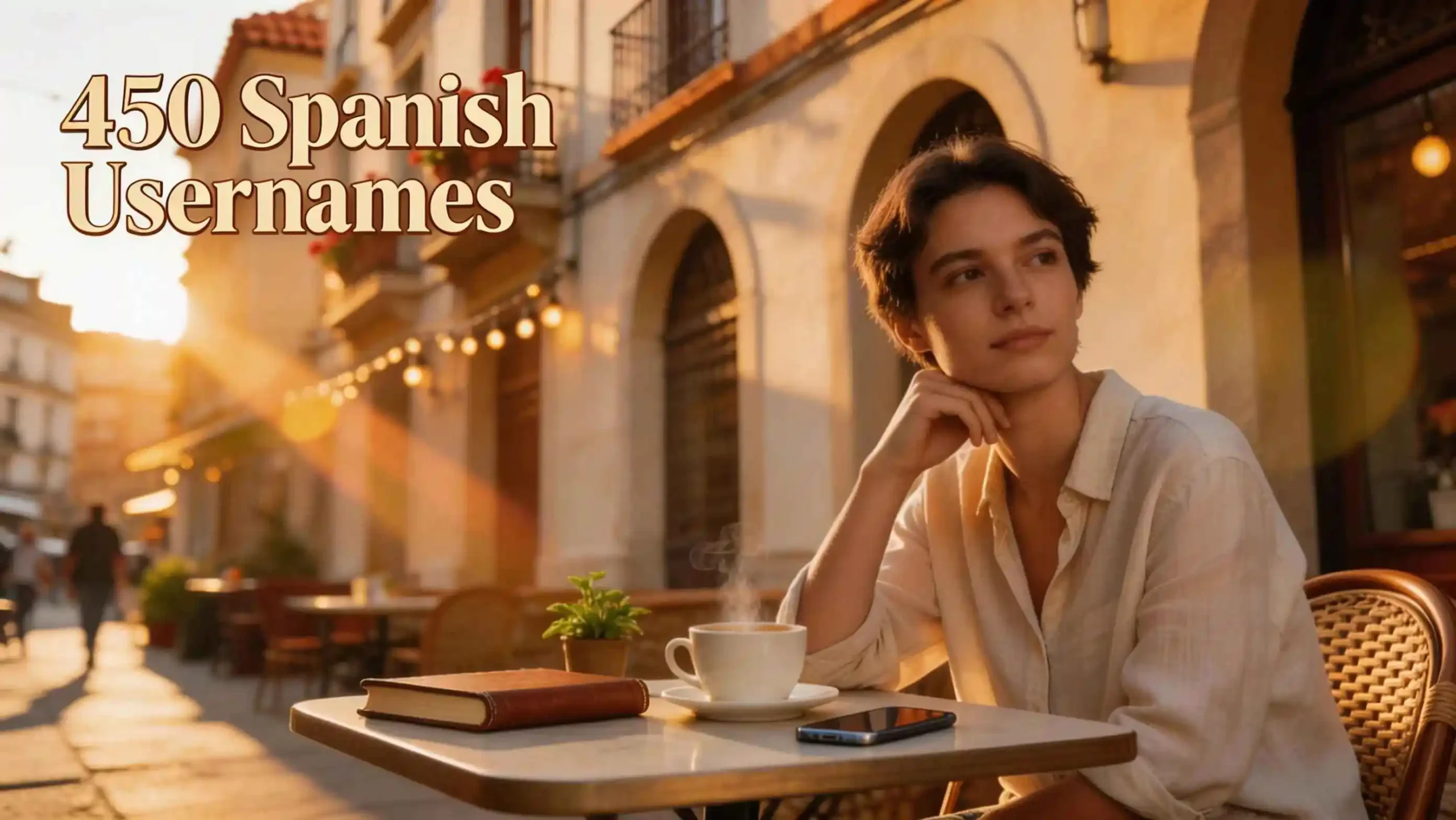 Cafe scene with a person seated exploring spanish usernames.
