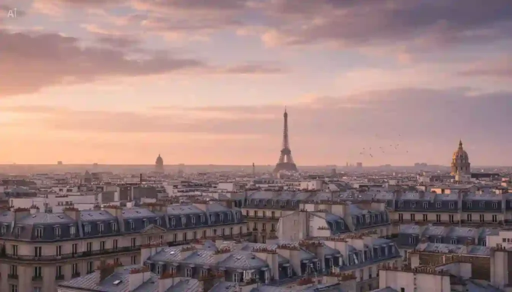 Realistic rooftop view of Paris at sunset, chimneys and classic French rooftops, soft golden lighting, dreamy sky, cinematic perspective.