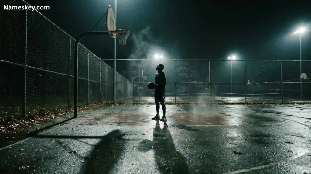 Silhouette of player on wet court in night